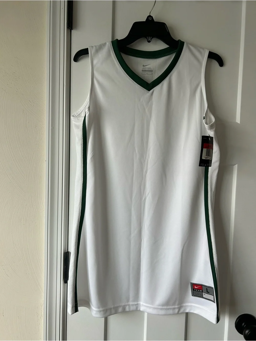 Nike White V-Neck Basketball Jersey with Green Trim